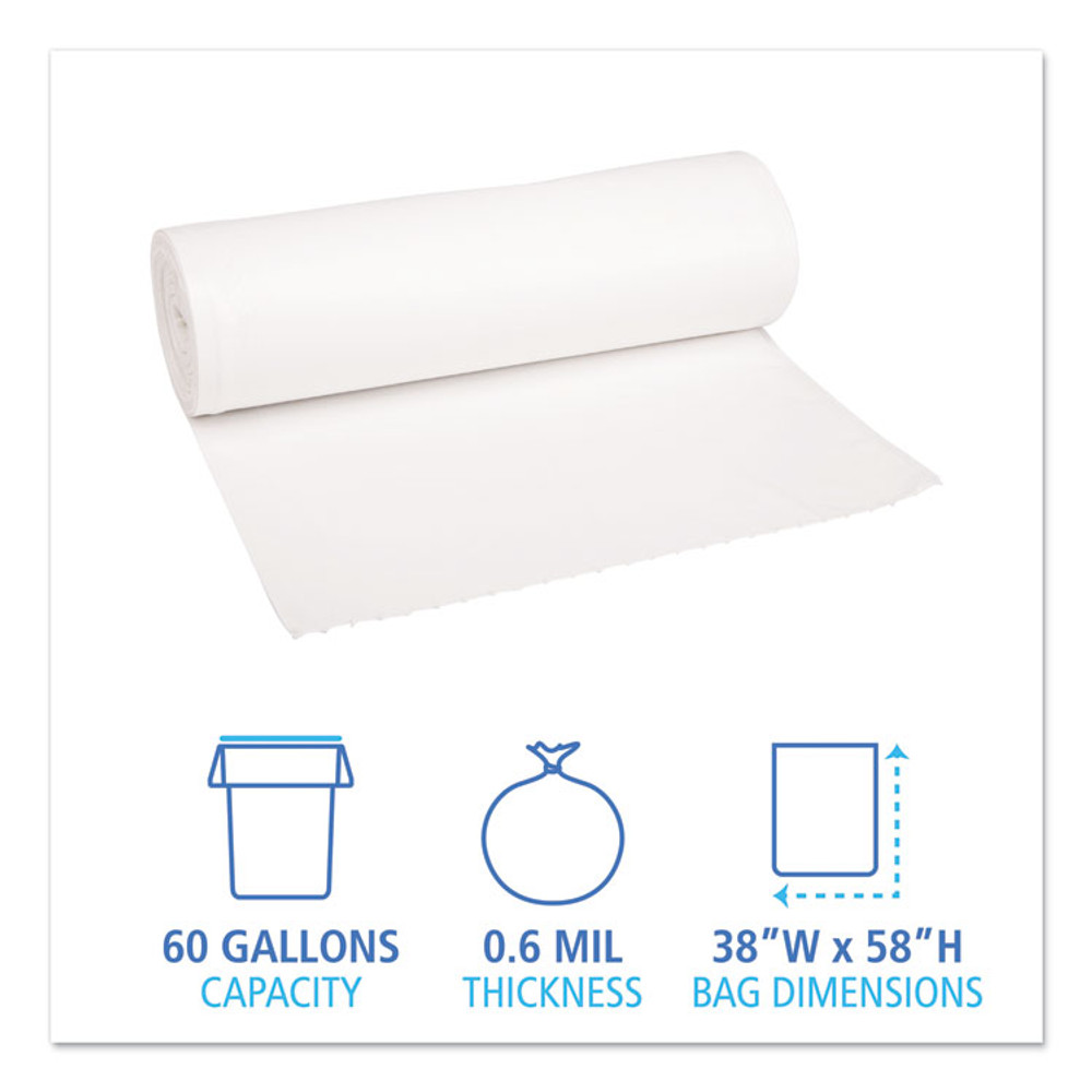 BOARDWALK 3858EXH Low-Density Waste Can Liners, 60 gal, 0.6 mil, 38" x 58", White, Perforated Roll, 25 Bags/Roll, 4 Rolls/Carton