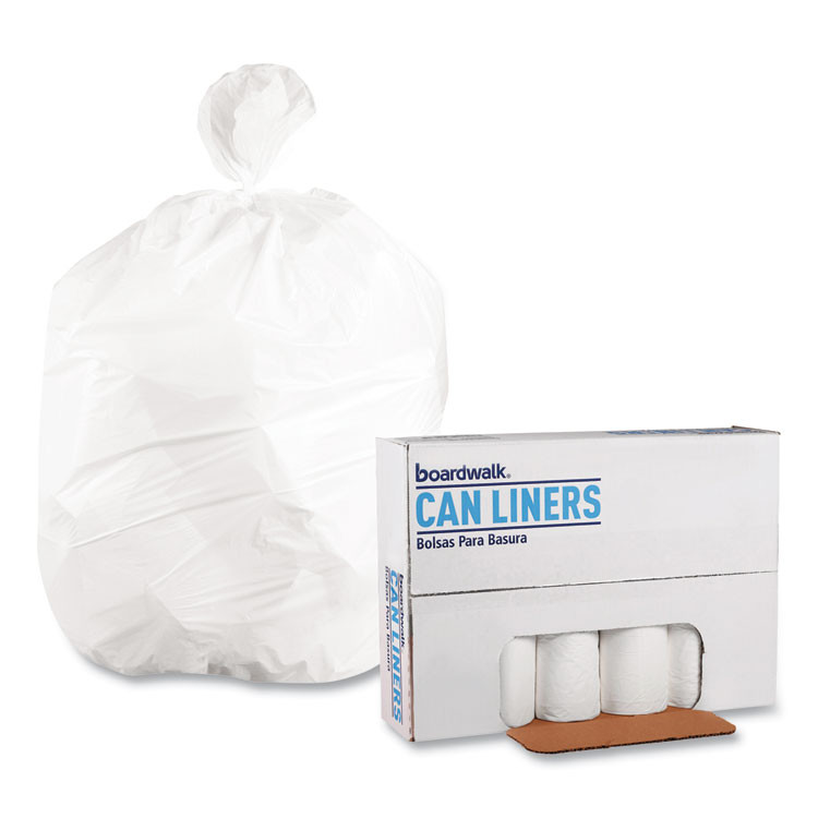 BOARDWALK 3858EXH Low-Density Waste Can Liners, 60 gal, 0.6 mil, 38" x 58", White, Perforated Roll, 25 Bags/Roll, 4 Rolls/Carton
