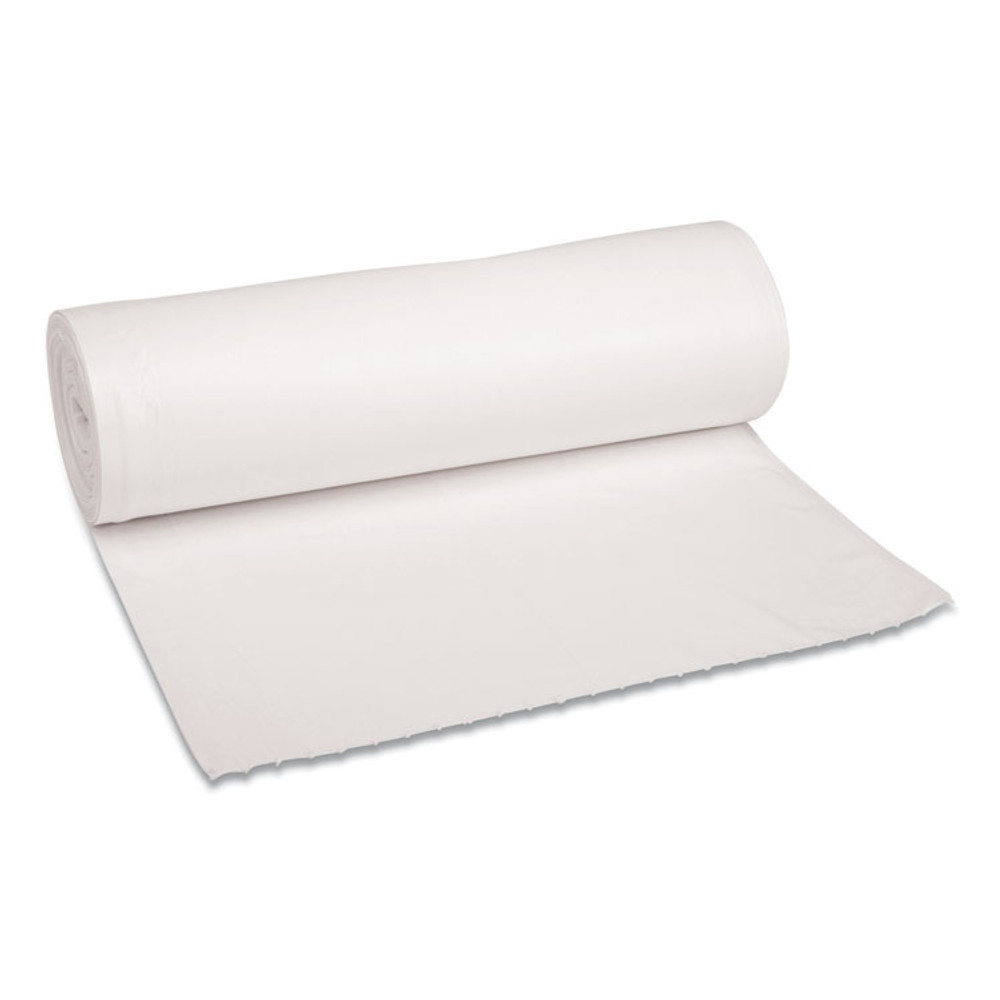 BOARDWALK 3858EXH Low-Density Waste Can Liners, 60 gal, 0.6 mil, 38" x 58", White, Perforated Roll, 25 Bags/Roll, 4 Rolls/Carton