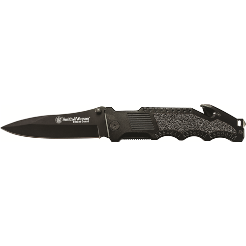 Smith & Wesson SWBG1 Border Guard 2 w/Black Coated Stainless Steel Drop Point Blade & Black Coated Aluminum Handle w/Trac Tec Insert, Glass Break, Seatbelt Cutter & Pocket Clip