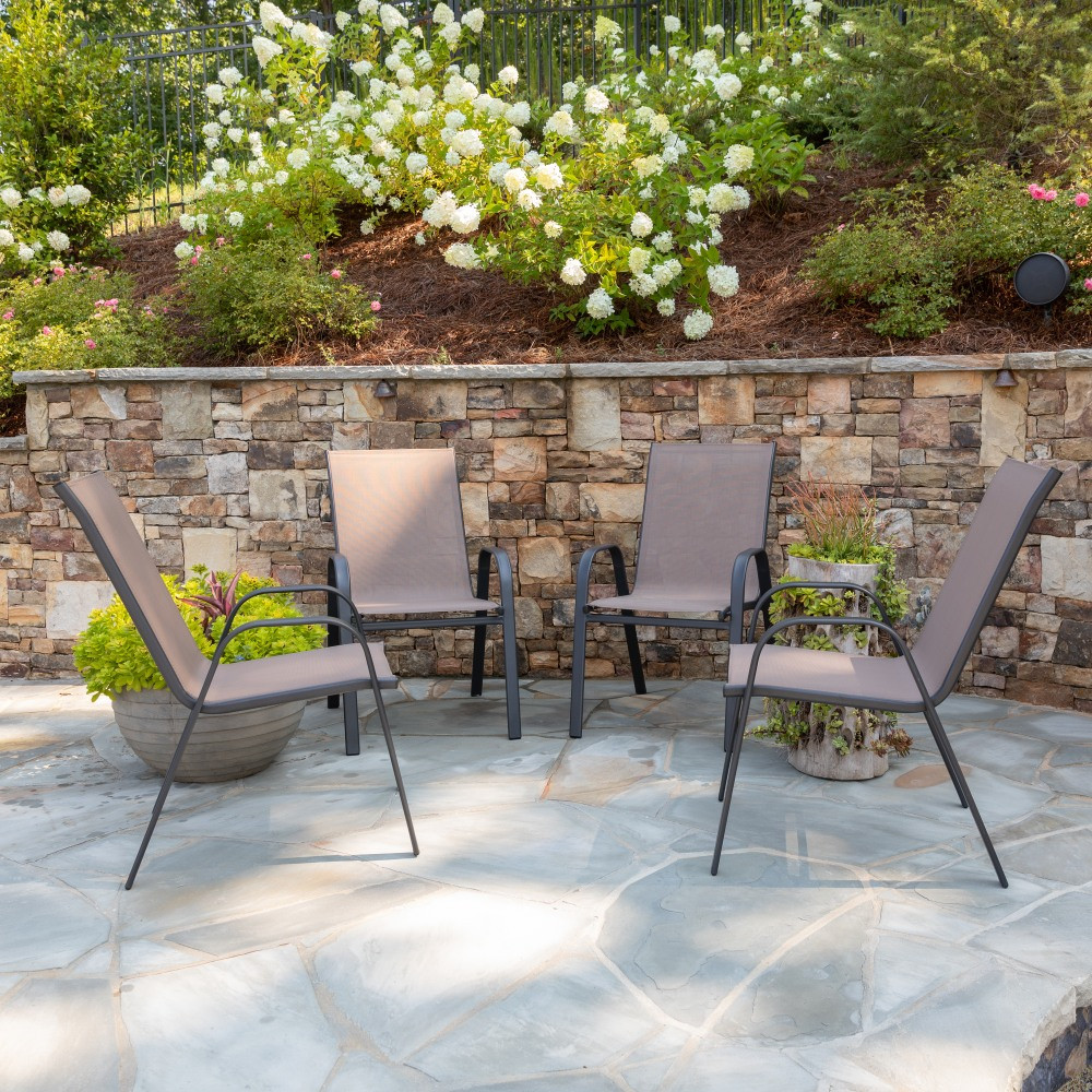 FLASH FURNITURE 4JJ303CB  Brazos Series Outdoor Stack Chairs, Brown/Black, Pack Of 4 Chairs