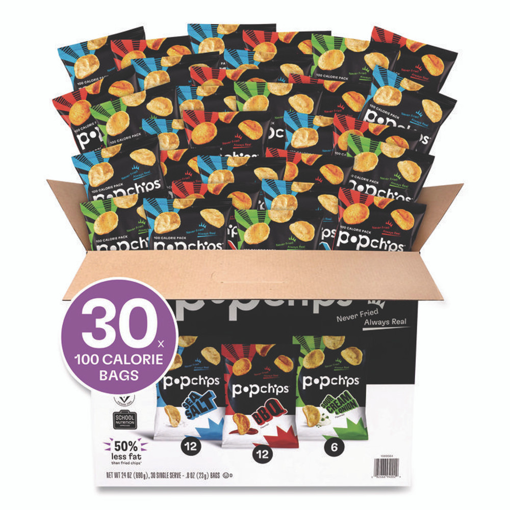 POPCHIPS 22001998 Potato Chips, Variety Pack, Barbeque, Sea Salt, Sour Cream and Onion, 0.8 oz Bag, 30/Pack