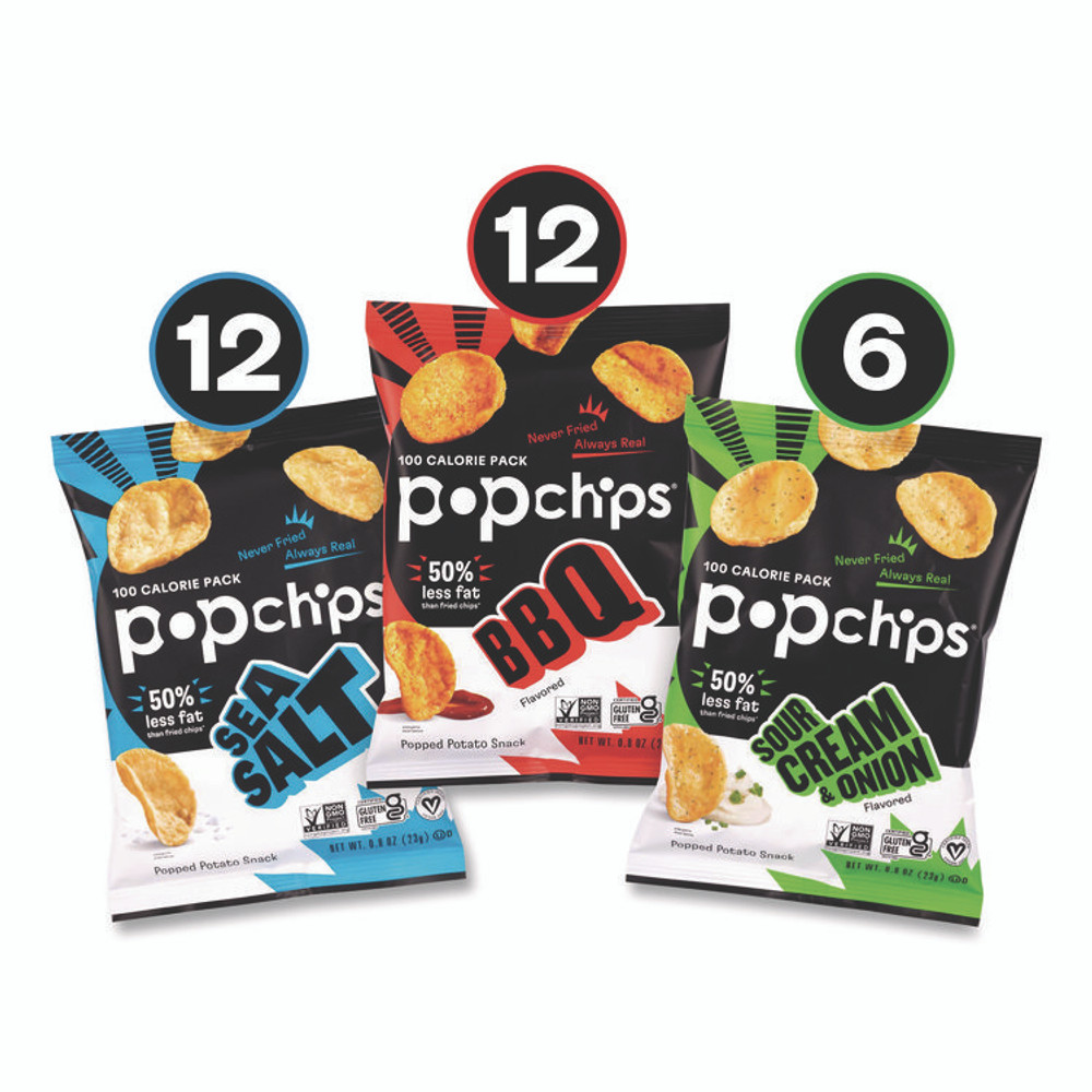 POPCHIPS 22001998 Potato Chips, Variety Pack, Barbeque, Sea Salt, Sour Cream and Onion, 0.8 oz Bag, 30/Pack