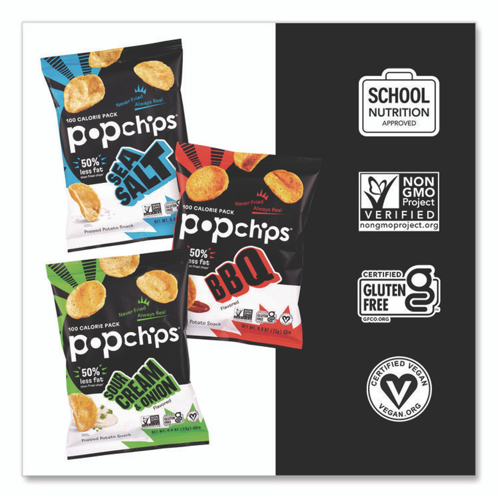 POPCHIPS 22001998 Potato Chips, Variety Pack, Barbeque, Sea Salt, Sour Cream and Onion, 0.8 oz Bag, 30/Pack