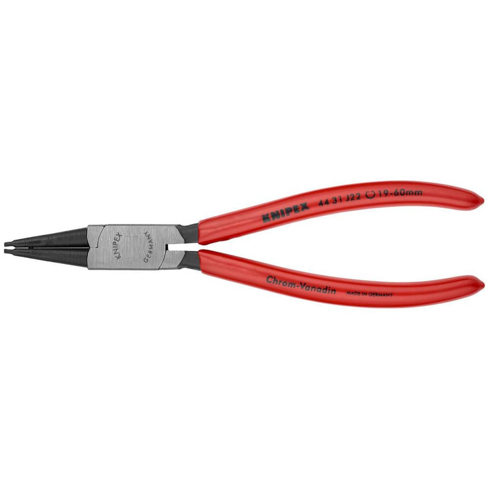 Knipex 44 31 J22 Retaining Ring Pliers; Type: Internal Snap Ring Pliers ; Tip Angle: 45 ; Ring Diameter Range (Inch): 3/4 to 2-23/64 ; Overall Length (Decimal Inch): 7.0000in ; Tip Type: Fixed ; Body Material: Chrome Vanadium Steel