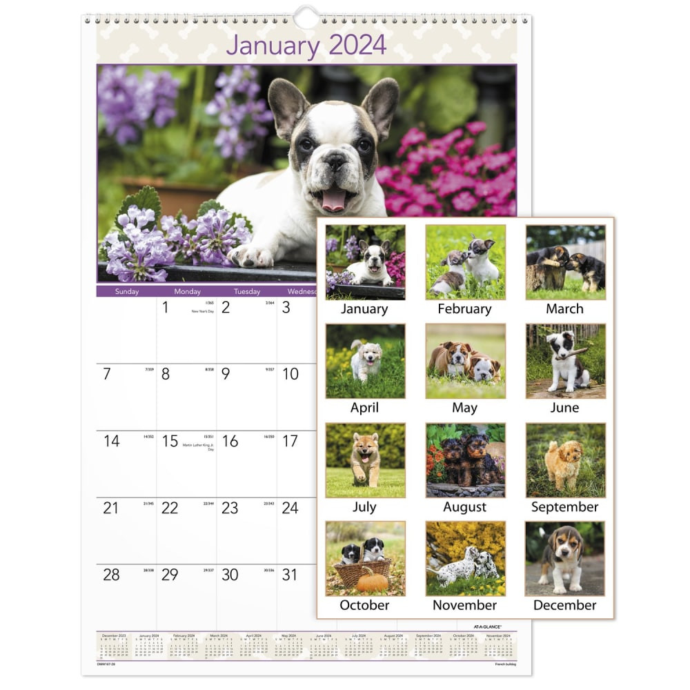 ACCO BRANDS USA, LLC DMW1672824 2024 AT-A-GLANCE Puppies Monthly Wall Calendar, 15-1/2in x 22-3/4in, January to December 2024, DMW16728