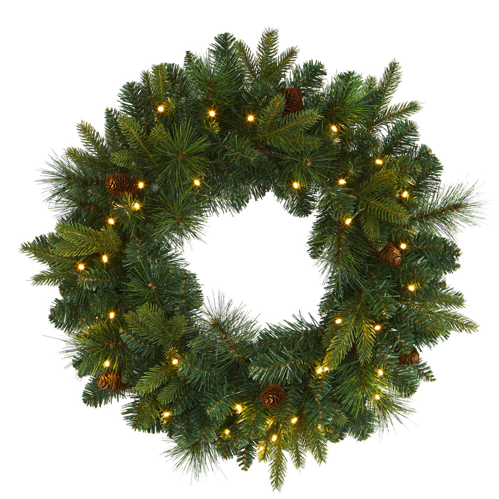 NEARLY NATURAL INC. Nearly Natural W1114  24inH Mixed Pine Artificial Christmas Wreath With 35 LED Lights And Pine Cones, 24in x 4in, Green