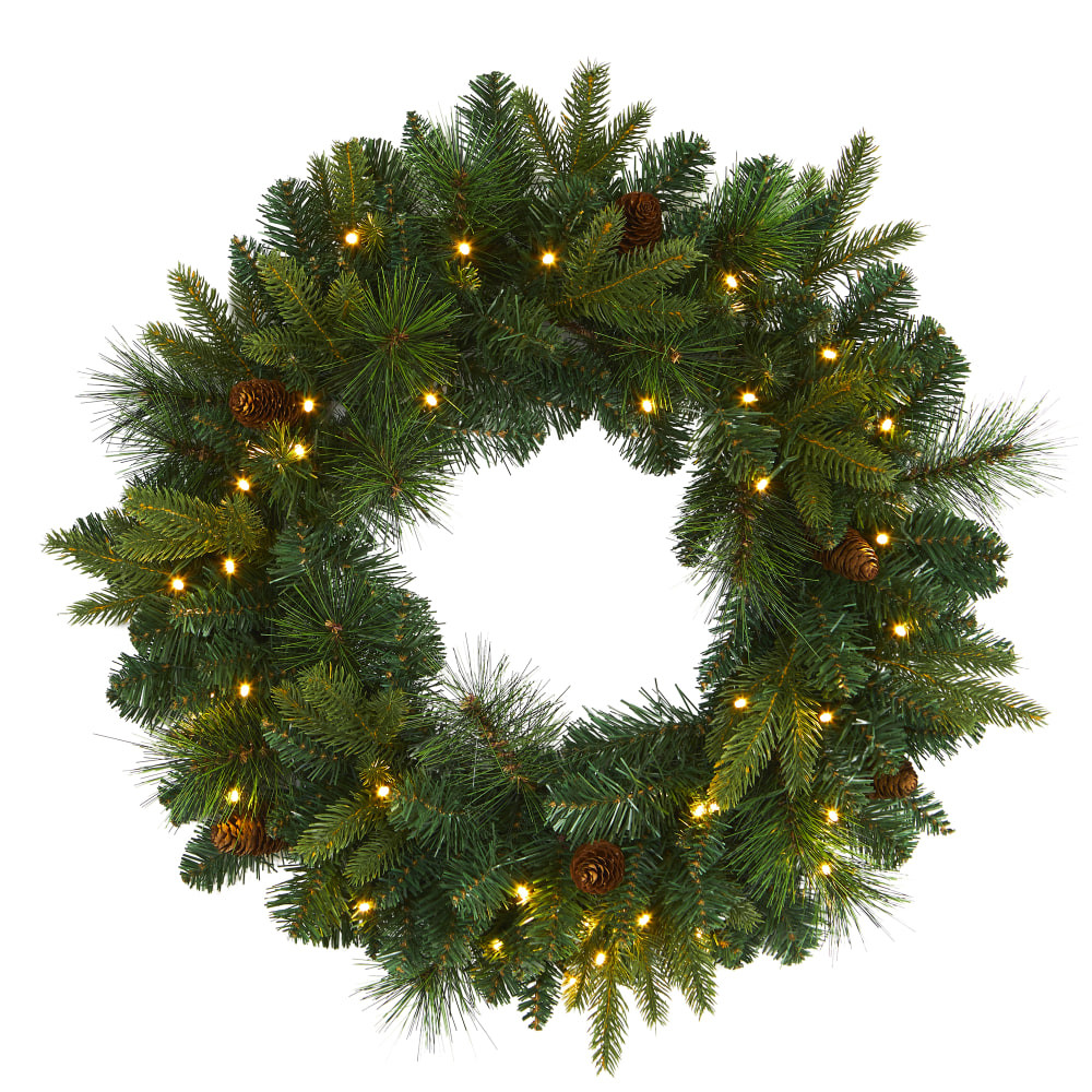 NEARLY NATURAL INC. W1114 Nearly Natural 24inH Mixed Pine Artificial Christmas Wreath With 35 LED Lights And Pine Cones, 24in x 4in, Green