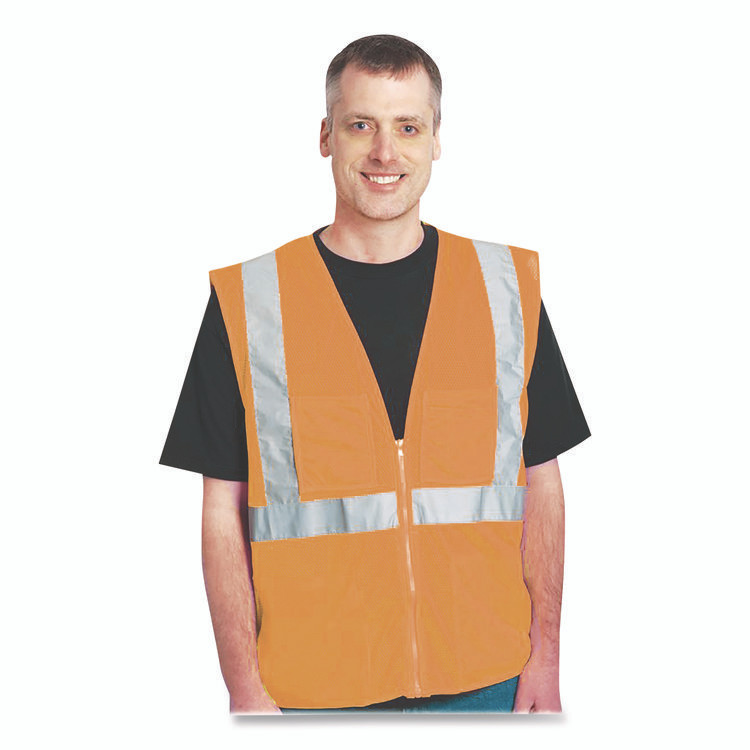 PROTECTIVE INDUSTRIAL PRODUCTS INC PIP 3020702ZORXL ANSI Class 2 Two-Pocket Zipper Mesh Safety Vest, Polyester Mesh, X-Large, Orange