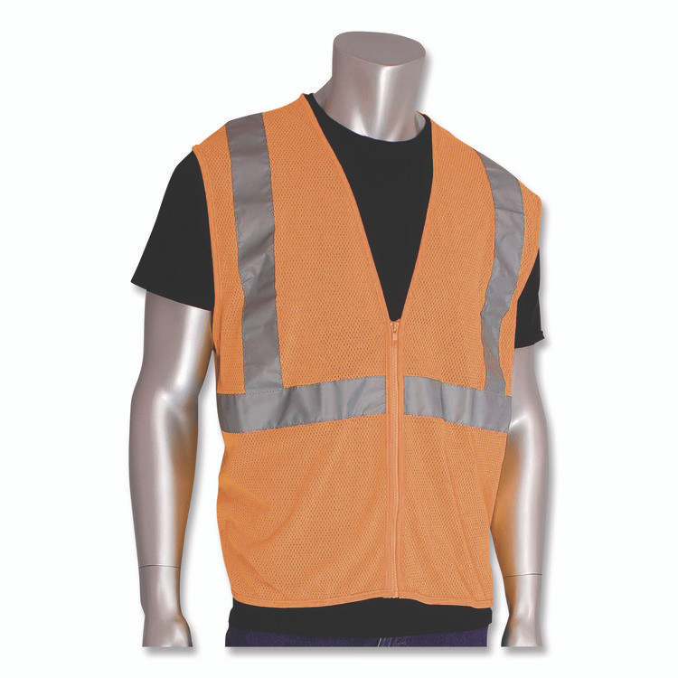PROTECTIVE INDUSTRIAL PRODUCTS INC PIP 3020702ZORXL ANSI Class 2 Two-Pocket Zipper Mesh Safety Vest, Polyester Mesh, X-Large, Orange
