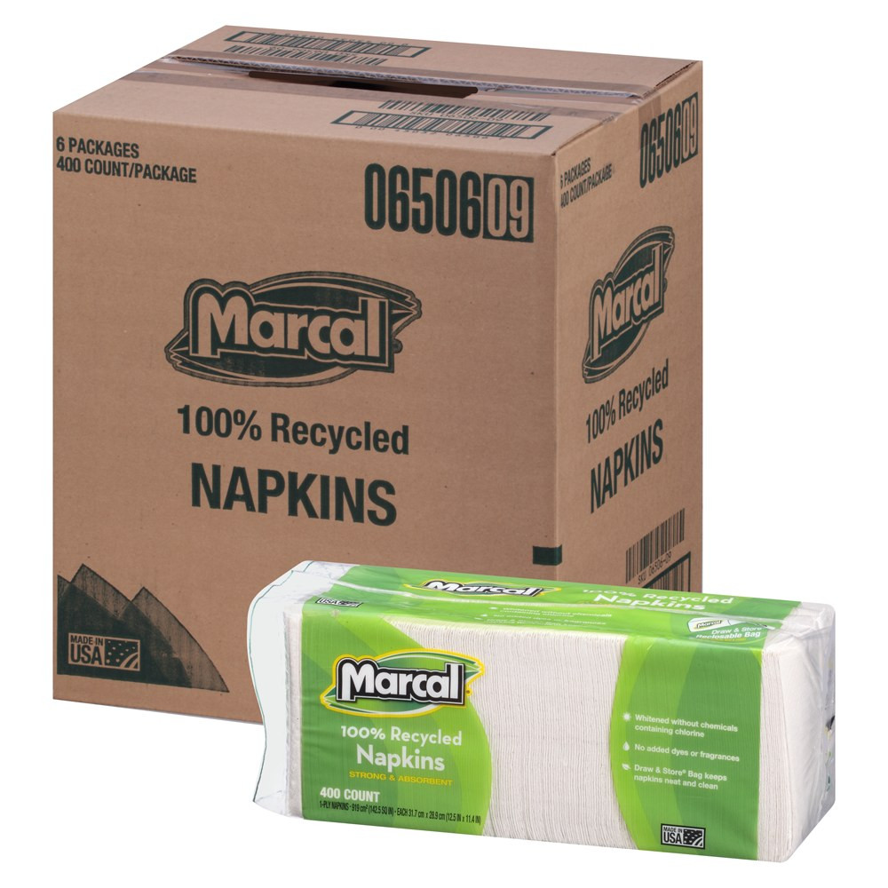 Ideal for breakrooms or office parties, Marcal napkins are strong and absorbent to tackle any messes. These recycled paper luncheon napkins are hypoallergenic and contain no added dyes or fragrances. Comes in a unique reclosable Draw And Store bag  Whitened without chemicals containing chlorine bleach.  The hypoallergenic napkins have no added dyes or fragrances.  Luncheon napkins in white come in a pack of 400 with 6 packs per carton.  Convenient drawstring bag reseals to keep your cabinets neat.  you use all the napkins, you can re-use the bag.  Each quarter-fold napkin decorative embossed pattern for softness.  Recycled content - Product contains 100% total recycled content, including 60% postconsumer content, helping you save resources and reduce waste.  Contains Recycled Content - See Specs for Details.