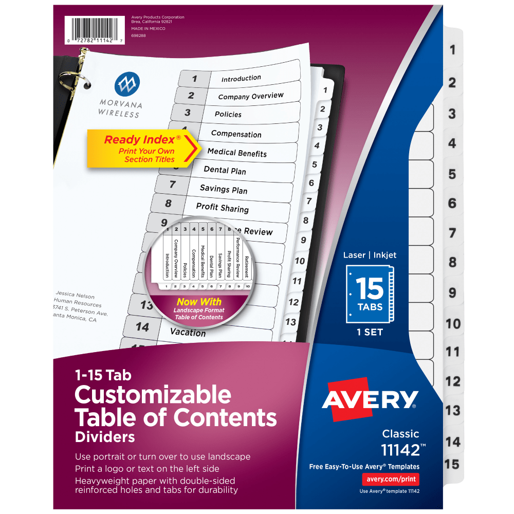 AVERY PRODUCTS CORPORATION 11142 Avery Ready Index 1-15 Tab With Customizable Table Of Contents Dividers, Letter Size, 15 Tab, White, 1 Set