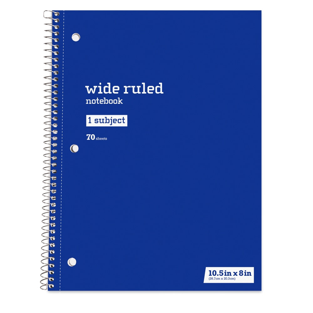 DonT miss an important memo at the office or in the classroom. This spiral notebook features plenty of lined pages to help you organize thoughts or just kick back and start work on a creative writing piece.  3-hole punched to fit into most standard binders.  Wide ruled, lined pages help you keep notes in order.  Acid-free sheets stand up to fading.  Perforated to let you hand in assignments.  Spiral binding for quick page flipping.  Chipboard backing makes the pages easy to write on.  Blue spiral notebook is 8in x 10-1/2in.  Just Basics spiral notebook is wide ruled with 140 pages (70 sheets).