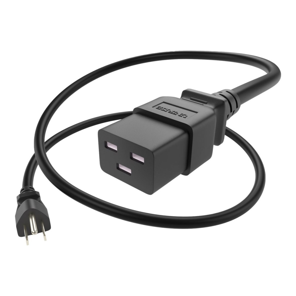 The three prong 5-15P end plugs into any standard wall AC outlet in the USA. The C15 receptacle can plug into standard computer equipment, printers, displays, TVs, or appliances that have a C16 inlet.