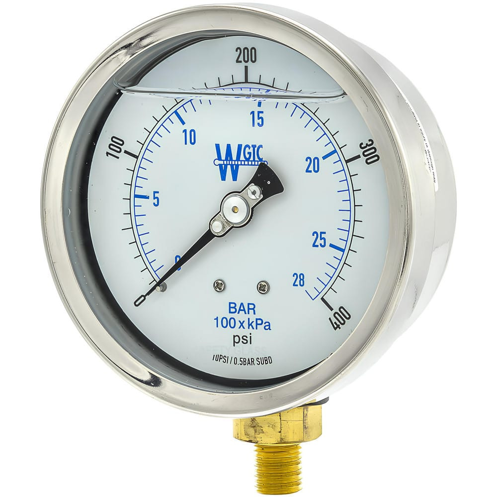 WGTC 401L4PHW-1 Pressure Gauges; Gauge Type: Filled ; Scale Type: Dual ; Accuracy (%): 1% full-scale ; Dial Type: Analog ; Thread Type: 1/4" MNPT; NPT ; Bourdon Tube Material: Brass
