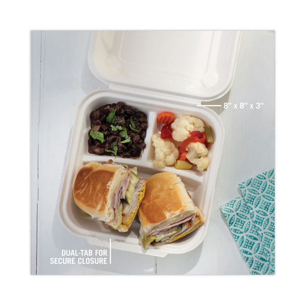 PACTIV EVERGREEN CORPORATION YMCH08030001 EarthChoice Bagasse Hinged Lid Container, 3-Compartment, Dual Tab Lock, 7.8 x 7.8 x 2.8, Natural, Sugarcane, 150/Carton