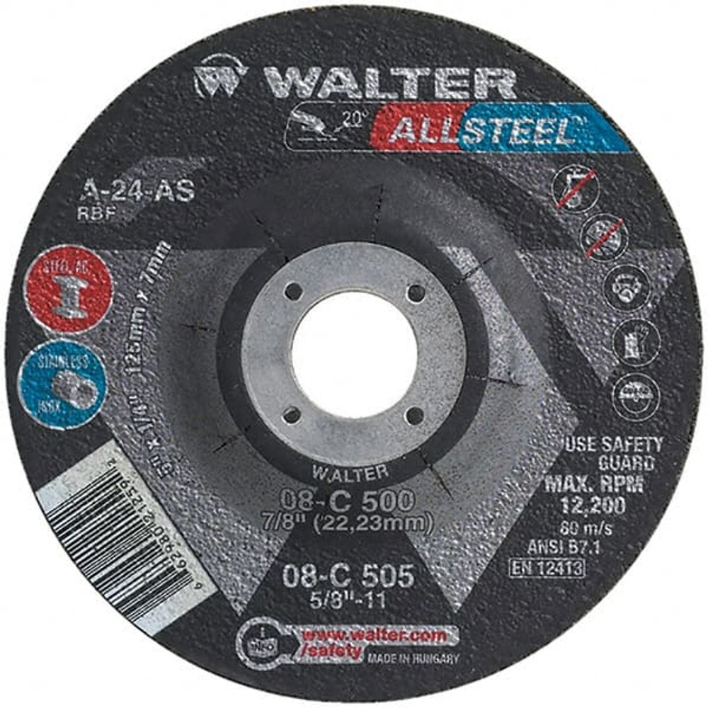 WALTER Surface Technologies 08C500 Depressed Grinding Wheel:  Type 27,  5" Dia,  1/4" Thick,  7/8" Hole,  Aluminum Oxide