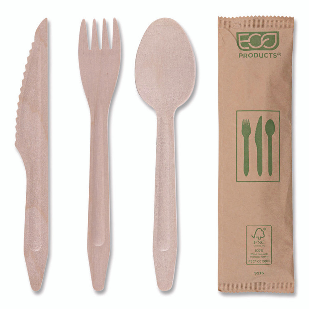 ECO-PRODUCTS,INC. EPS215 Wood Cutlery, General Purpose, Fork/Knife/Napkin/Spoon, Natural, 500/Carton