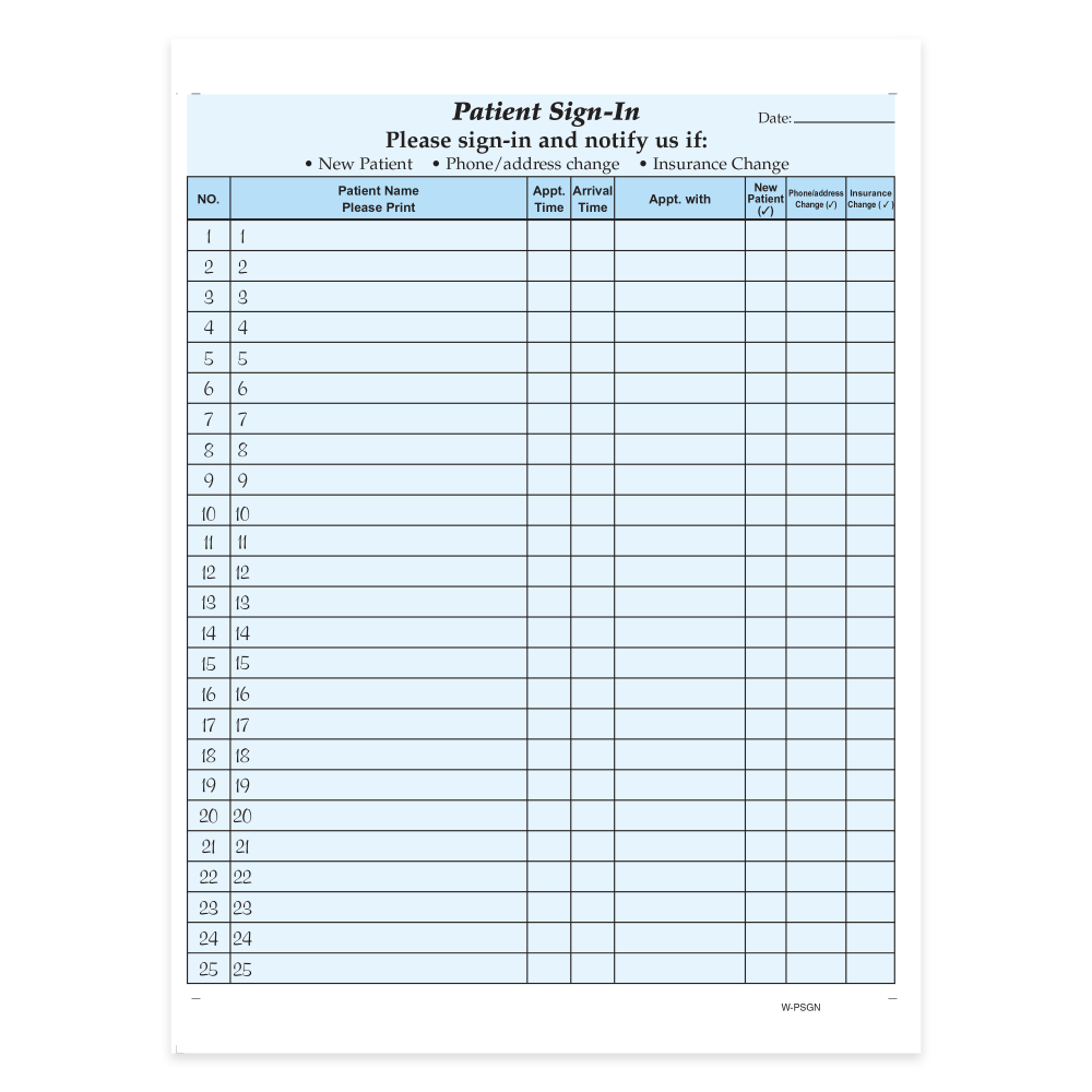 The 2-part patient sign in sheets help you maintain HIPAA compliance and patient privacy. The forms allow your patients to sign in, your staff to maintain records and keep your practice compliant. Each form has 25 lines with a peel away section which can be applied to the patients chart. The back sheet records all the names of the patients that signed in for the given day.  HIPAA compliant sign-in forms capture patient information.  25 lines per page.  Great for medical offices.
