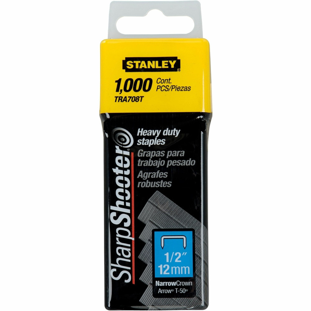 Heavy-duty Tacker Staples deliver supreme performance for heavy-duty stapling tasks.  They come in a rugged plastic package for lasting protection and storage.  Color-coded packaging makes it easy to select the right size staple for the job.  Leg length is 1/2in.  Staples are designed for use with the Stanley SharpShooter Heavy-duty Staple Gun (TR150).
