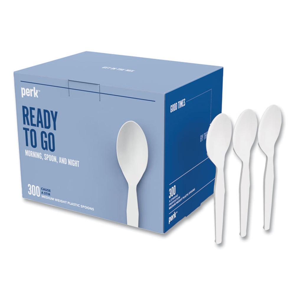 PERK 24394118 Eco-ID Mediumweight Compostable Cutlery, Spoon, Plastic, White, 300/Pack