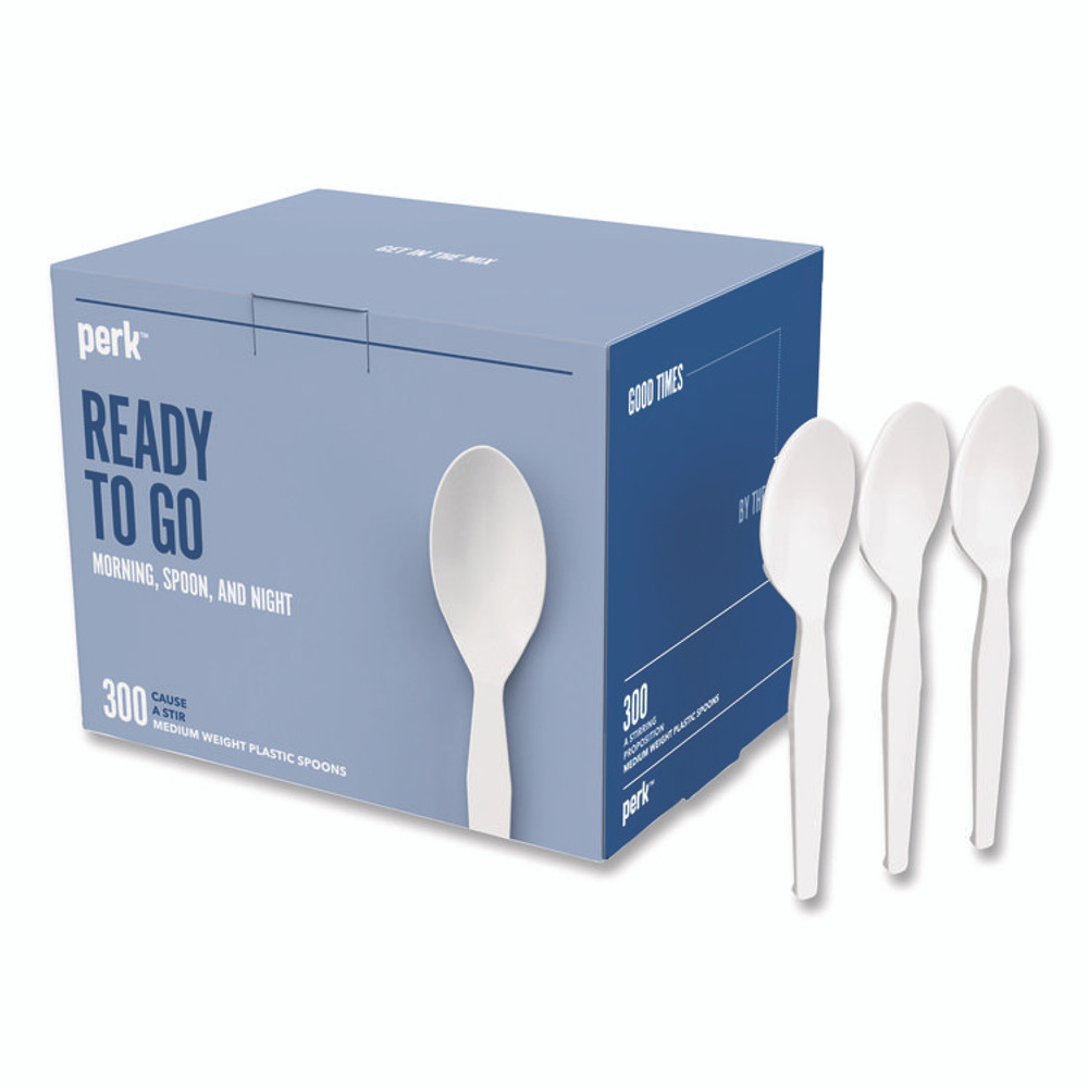PERK 24394118 Eco-ID Mediumweight Compostable Cutlery, Spoon, Plastic, White, 300/Pack