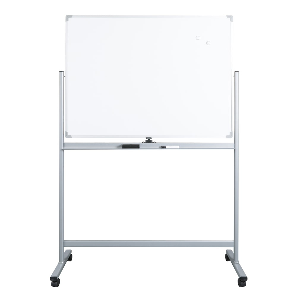 From classroom and training environments, to impromptu meetings and work sessions, the WorkPro Mobile Dry-Erase Whiteboard comes and goes with you. The wheeled base with 4 locking casters lets you move and position the board wherever its needed for ideal visibility.  Double-sided design easily rotates 360 deg. to give you twice the space for presentations and note-taking.  Magnetic whiteboard with coated-steel surface allows for smooth writing.  Full-length tray keeps markers, erasers, and related supplies handy.  Mobile whiteboard has four locking casters to keep the board permanently in place when needed.