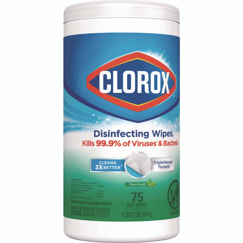 CLOROX SALES CO. 01656 Disinfecting Wipes, Bleach Free Cleaning Wipes, 1-Ply, 7 x 8, Fresh Scent, White, 75/Canister, 6 Canisters/Carton
