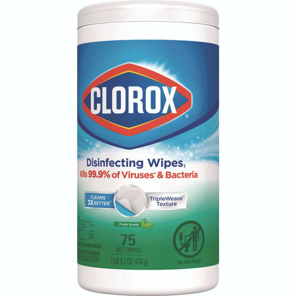 CLOROX SALES CO. 01656 Disinfecting Wipes, Bleach Free Cleaning Wipes, 1-Ply, 7 x 8, Fresh Scent, White, 75/Canister, 6 Canisters/Carton