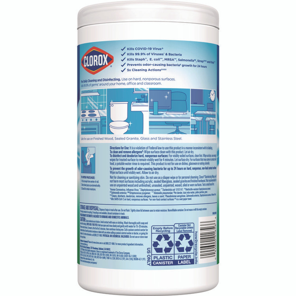CLOROX SALES CO. 01656 Disinfecting Wipes, Bleach Free Cleaning Wipes, 1-Ply, 7 x 8, Fresh Scent, White, 75/Canister, 6 Canisters/Carton