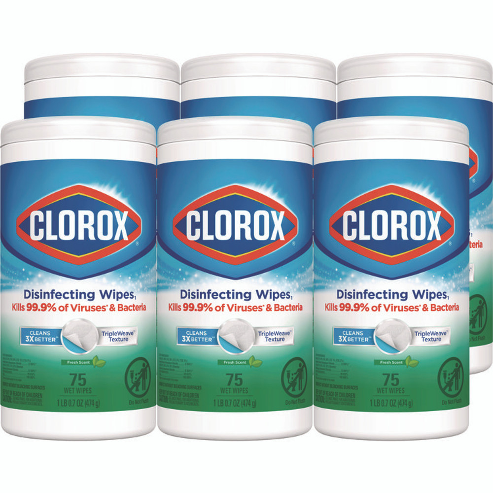 CLOROX SALES CO. 01656 Disinfecting Wipes, Bleach Free Cleaning Wipes, 1-Ply, 7 x 8, Fresh Scent, White, 75/Canister, 6 Canisters/Carton