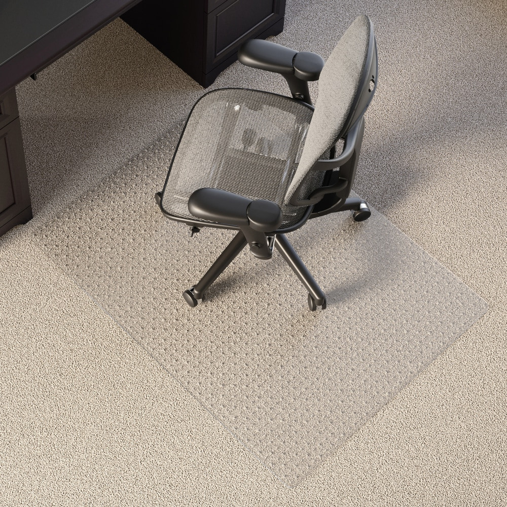 Extend the life of your carpet with a Realspace chair mat. Realspace chair mats provide a protective layer between chair wheels and carpet, helping to prevent wear in frequently used workstations. Designed with a smooth rolling surface, Realspace chair mats improve comfort by making it easier to move around your workspace. Realspace chair mats for carpet are made with clear vinyl and studded backing to keep chair mat in place. Select a chair mat designed for your carpet thickness for optimum support and protection.  Durable vinyl construction.  Protects plush carpeting over 3/4in deep from wear-and-tear.  Smooth rolling surface.  Studded backing keeps mat in place.  Rectangle shape provides additional floor coverage.  Designed for use on carpeted surfaces only, do not use on hard floors.  Clear rectangular 36inW x 48inD chair mat.  GREENGUARD Gold certified  - certified for low chemical emissions: UL.COM/GG - UL 2818. Ranked in two tiers: Certified and Gold.  Tested to meet ANSI/BIFMA Performance Standards - Manufacturer testing has been conducted on this product to meet specific performance requirements and safety standards set forth by the American National Standards Institute (ANSI) and the Business and Institutional Furniture Manufacturers.  Less harsh chemicals - made with fewer harsh chemicals, or safer chemicals than typical alternatives, helping  reduce your use of and exposure to substances that may be more harmful to your health and the environment.