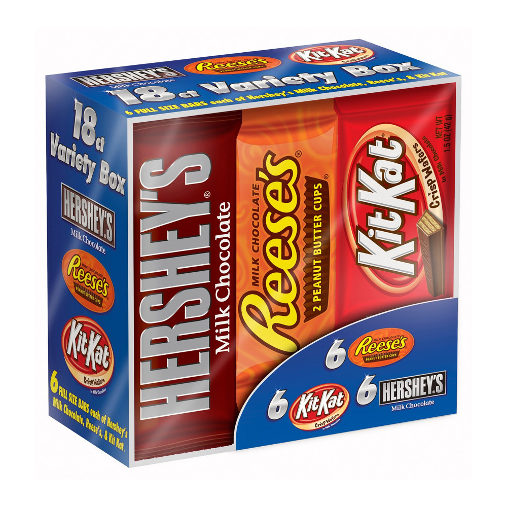 Celebrate with this Hersheys candy bar assortment. From Reeses peanut butter cups to Kit Kat bars to rich Hersheys milk chocolate bars, theres a little something for everyone.  Variety pack includes Hersheys milk chocolate bars, Reeses peanut butter cups and Kit Kat bars.  Ideal for events, office breakrooms, gifts and more.  Individually wrapped for easy serving.  Includes 6 of each bar (18 total).