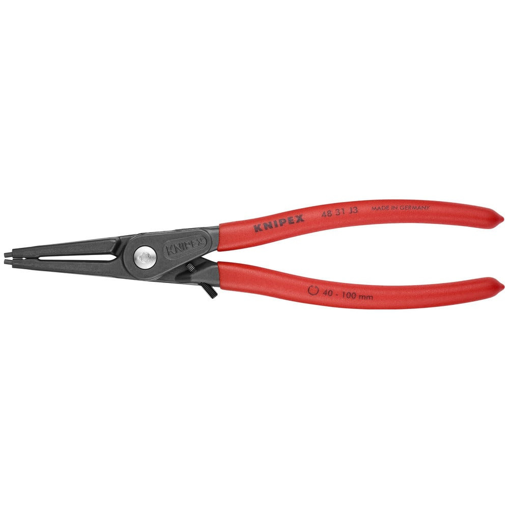 Knipex 48 31 J3 Retaining Ring Pliers; Type: Precision Internal Snap Ring Pliers ; Tip Angle: 0 ; Ring Diameter Range (Inch): 1-37/64 to 3-15/16 ; Overall Length (Decimal Inch): 9.0000in ; Tip Type: Fixed ; Body Material: Chrome Vanadium Steel