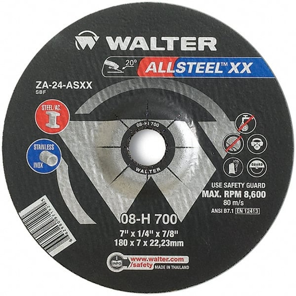 WALTER Surface Technologies 08H700 Depressed Grinding Wheel:  Type 27,  7" Dia,  1/4" Thick,  7/8" Hole,  Aluminum Oxide