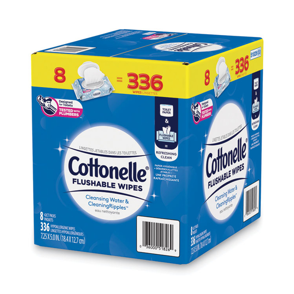 KIMBERLY CLARK Cottonelle® 51826 Flushable Wet Wipes, Flip-Top Pack, 5 x 7.25, White, 42 Sheets/Pack, 8 Packs/Carton