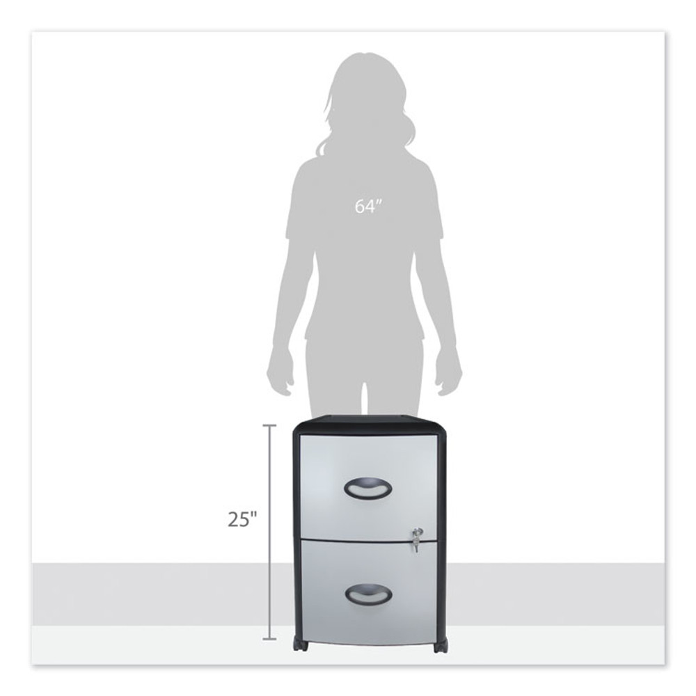 STOREX 61351U01C Mobile Filing Cabinet with Metal Siding, 2 Letter-Size File Drawers, Silver/Black, 19" x 15" x 23"