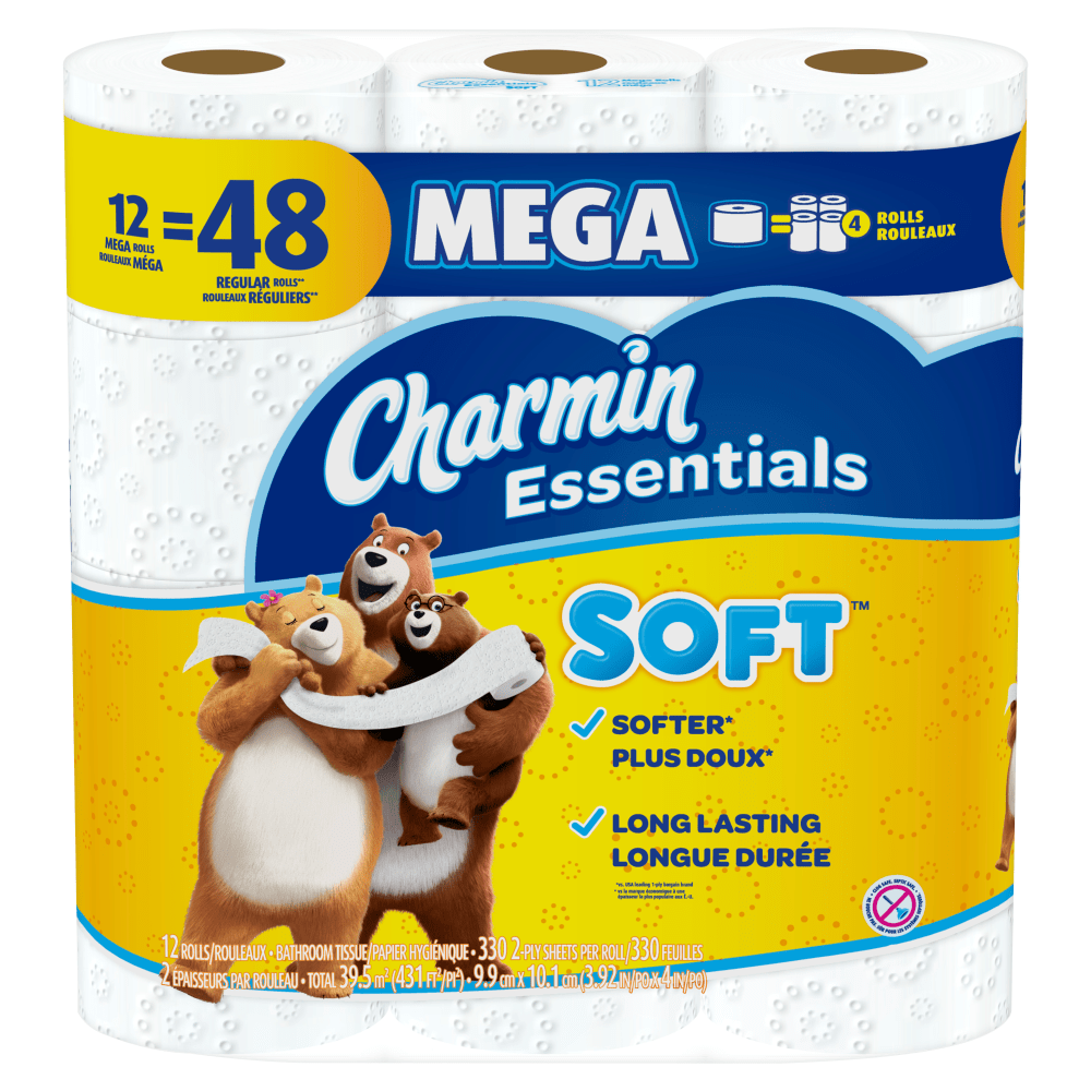 THE PROCTER & GAMBLE COMPANY 3077203154 Charmin Essentials 2-Ply Soft Mega Toilet Paper Rolls, 15in x 5-1/4in, White, 330 Sheets Per Roll, Pack Of 12 Rolls