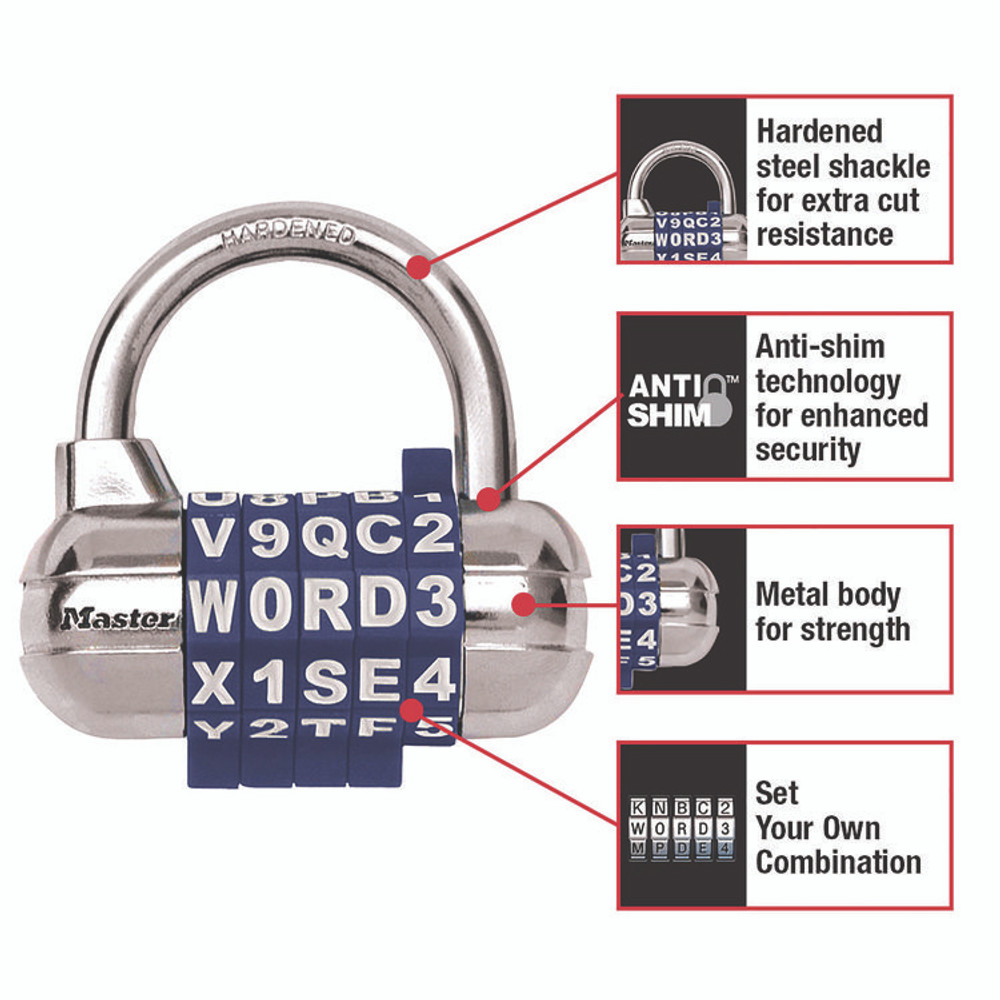 MASTER LOCK COMPANY 1534D Password Plus Combination Lock, Hardened Steel Shackle, 2.5" Wide, Chrome/Assorted
