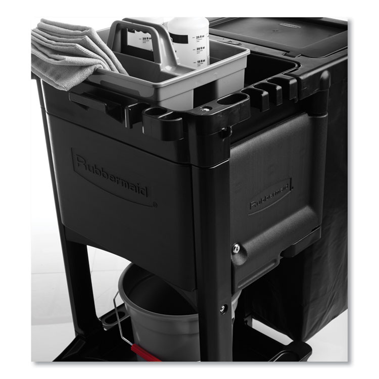 RUBBERMAID COMMERCIAL PROD. 1861430 Executive Janitorial Cleaning Cart, Plastic, 4 Shelves, 1 Bin, 21.75" x 46" x 38.38", Black
