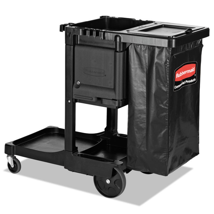RUBBERMAID COMMERCIAL PROD. 1861430 Executive Janitorial Cleaning Cart, Plastic, 4 Shelves, 1 Bin, 21.75" x 46" x 38.38", Black