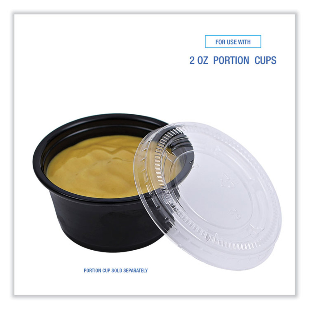 BOARDWALK PRTLID2 Souffle/Portion Cup Lids, Fits 1.5 oz and 2 oz Portion Cups, Plastic, Clear, 2,500/Carton