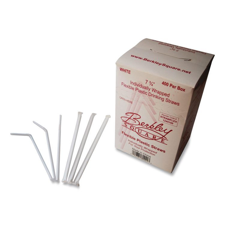 BERK ENTERPRISES INC Berkley Square 1245100 Individually Wrapped Straws, 7.75", Polypropylene, White, 400/Box