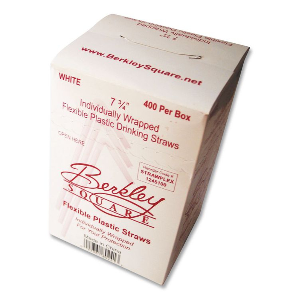 BERK ENTERPRISES INC Berkley Square 1245100 Individually Wrapped Straws, 7.75", Polypropylene, White, 400/Box