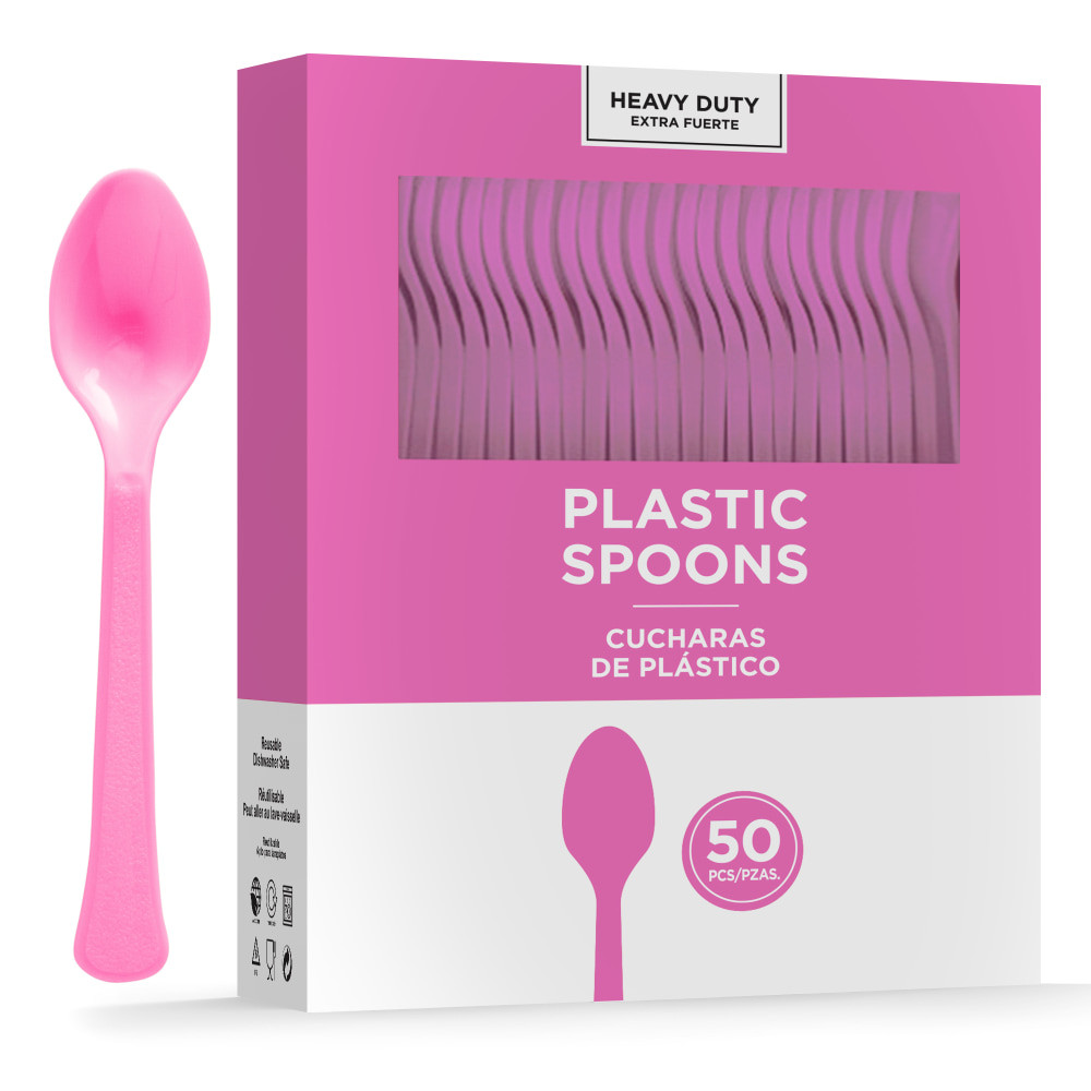 AMSCAN 8018.103  8018 Solid Heavyweight Plastic Spoons, Bright Pink, 50 Spoons Per Pack, Case Of 3 Packs