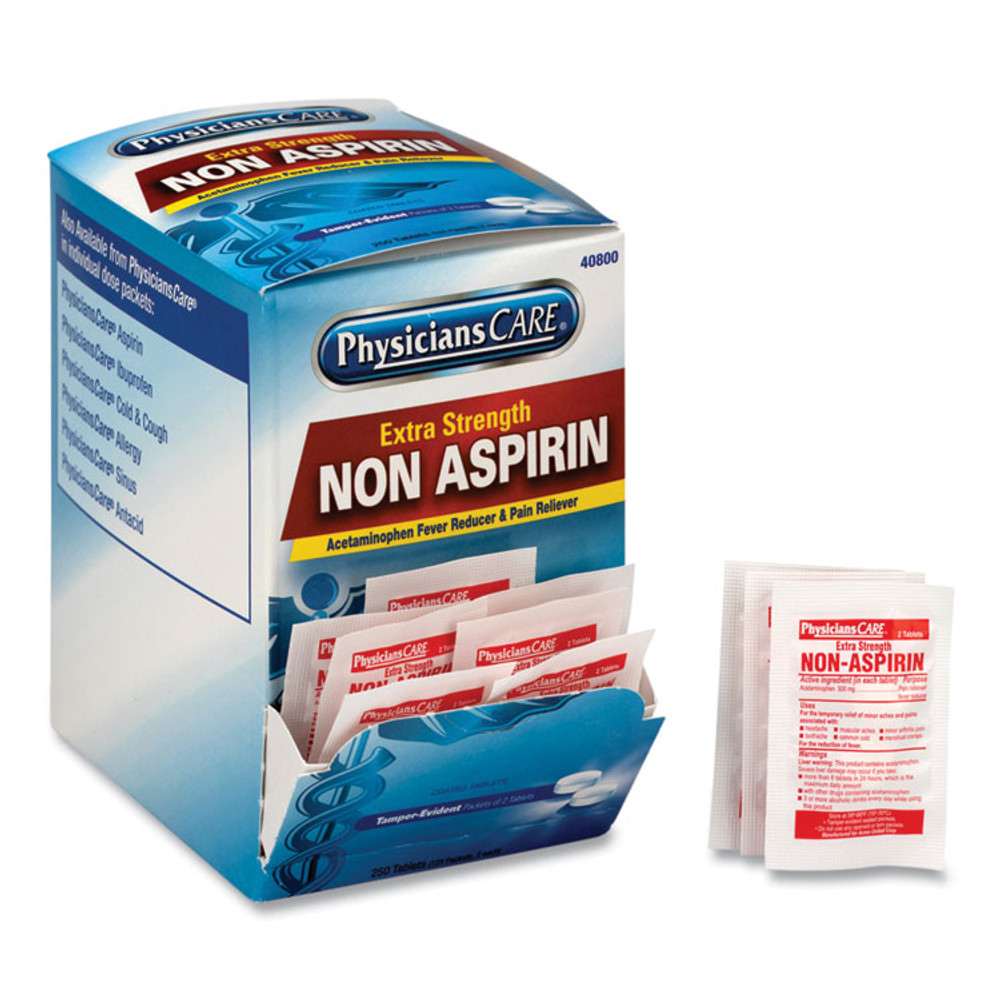 ACME UNITED CORPORATION PhysiciansCare® 40800 Pain Relievers/Medicines, XStrength Non-Aspirin Acetaminophen, 2/Packet, 125 Packets/Box