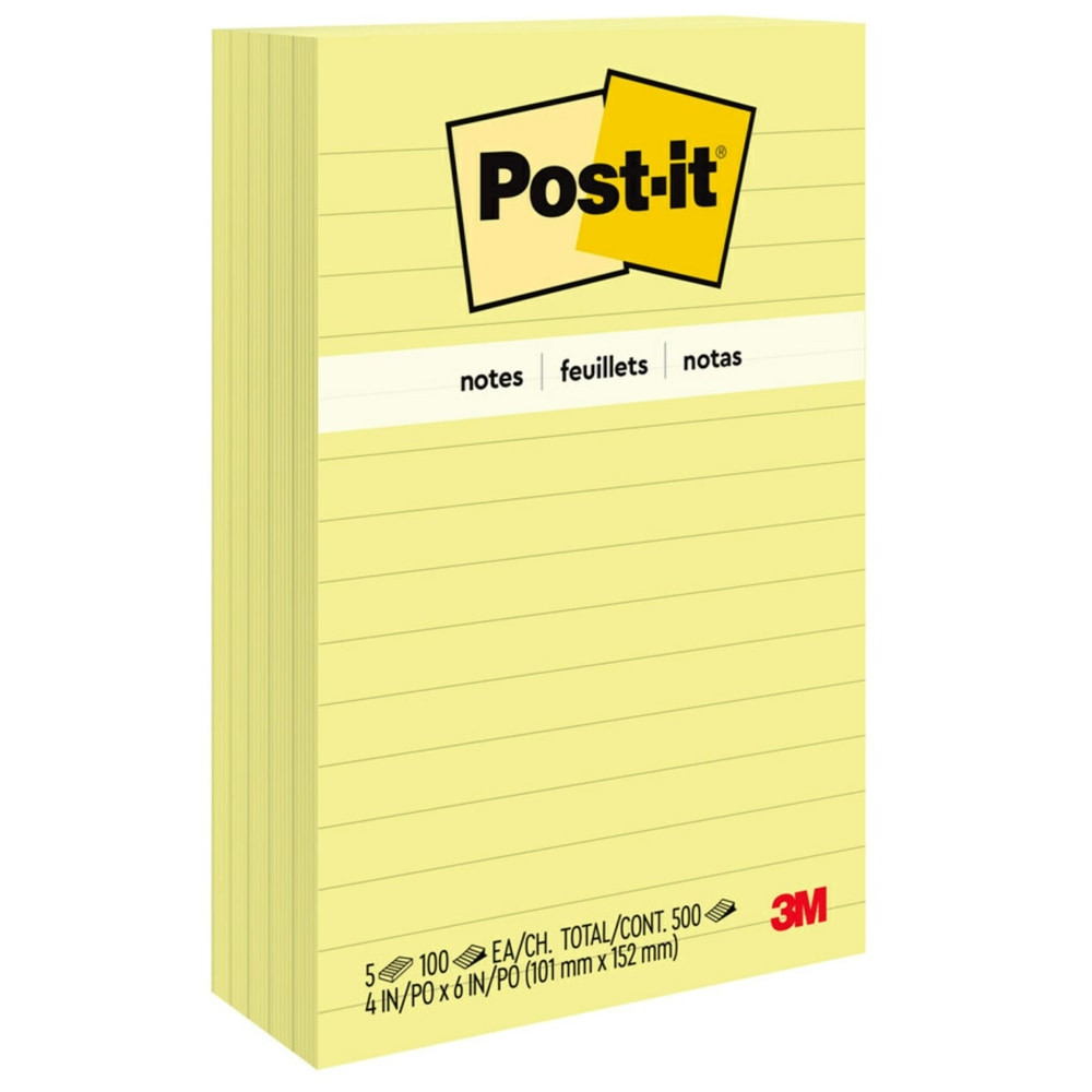 3M CO 660-5PK Post-it Notes, 5 Pads, 4 in x 6 in, Clean Removal, School Supplies and Office Products, Sticky Notes for Vertical Surfaces, Monitors, Walls and Windows, Canary Yellow, Lined