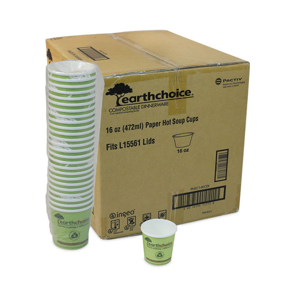 PACTIV EVERGREEN CORPORATION PHSC16ECDI EarthChoice Compostable Soup Cup Large, 16 oz, 3.63" Diameter x 3.88" h, Green, Paper, 500/Carton