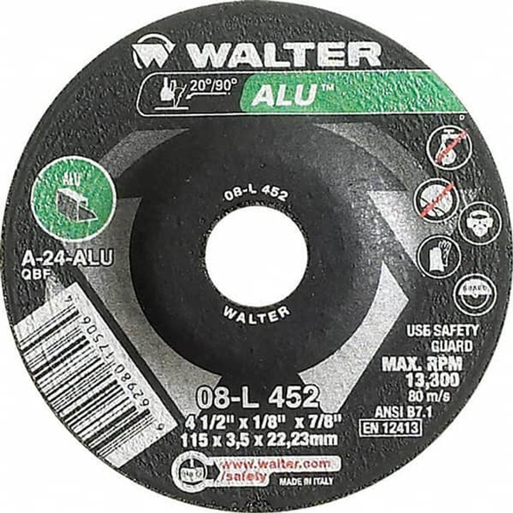 WALTER Surface Technologies 08L452 Depressed Grinding Wheel:  Type 27,  4-1/2" Dia,  1/8" Thick,  7/8" Hole,  Aluminum Oxide