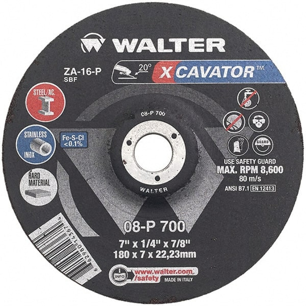WALTER Surface Technologies 08P700 Depressed Grinding Wheel:  Type 27,  7" Dia,  1/4" Thick,  7/8" Hole,  Aluminum Oxide